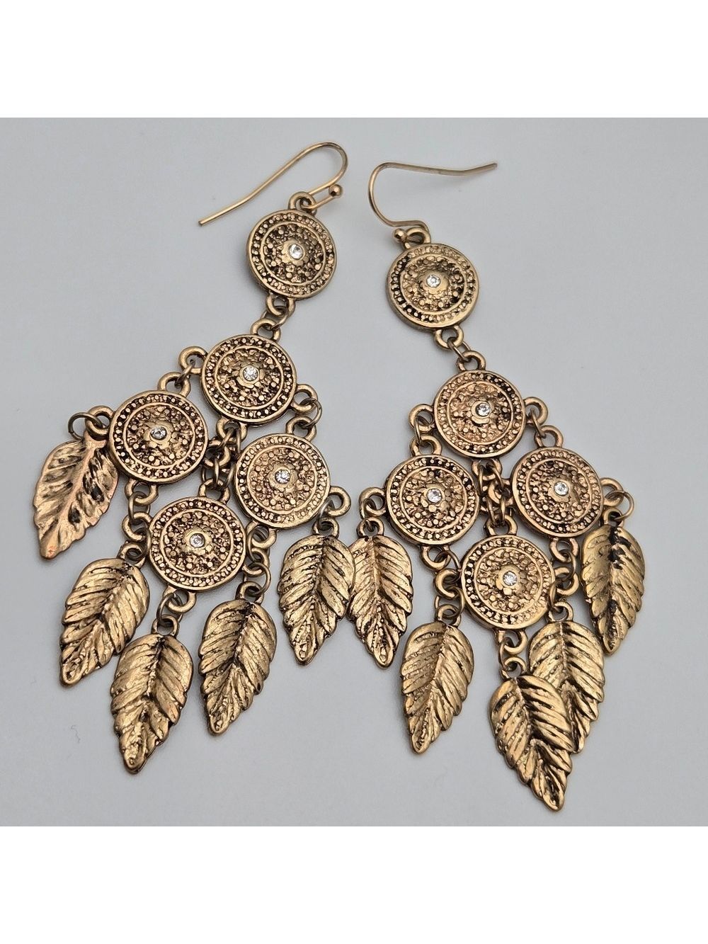 ✨2/$10✨ Boho Gold Tone Leaf Chandelier Earrings 3" Statement Rhinestone Accents
